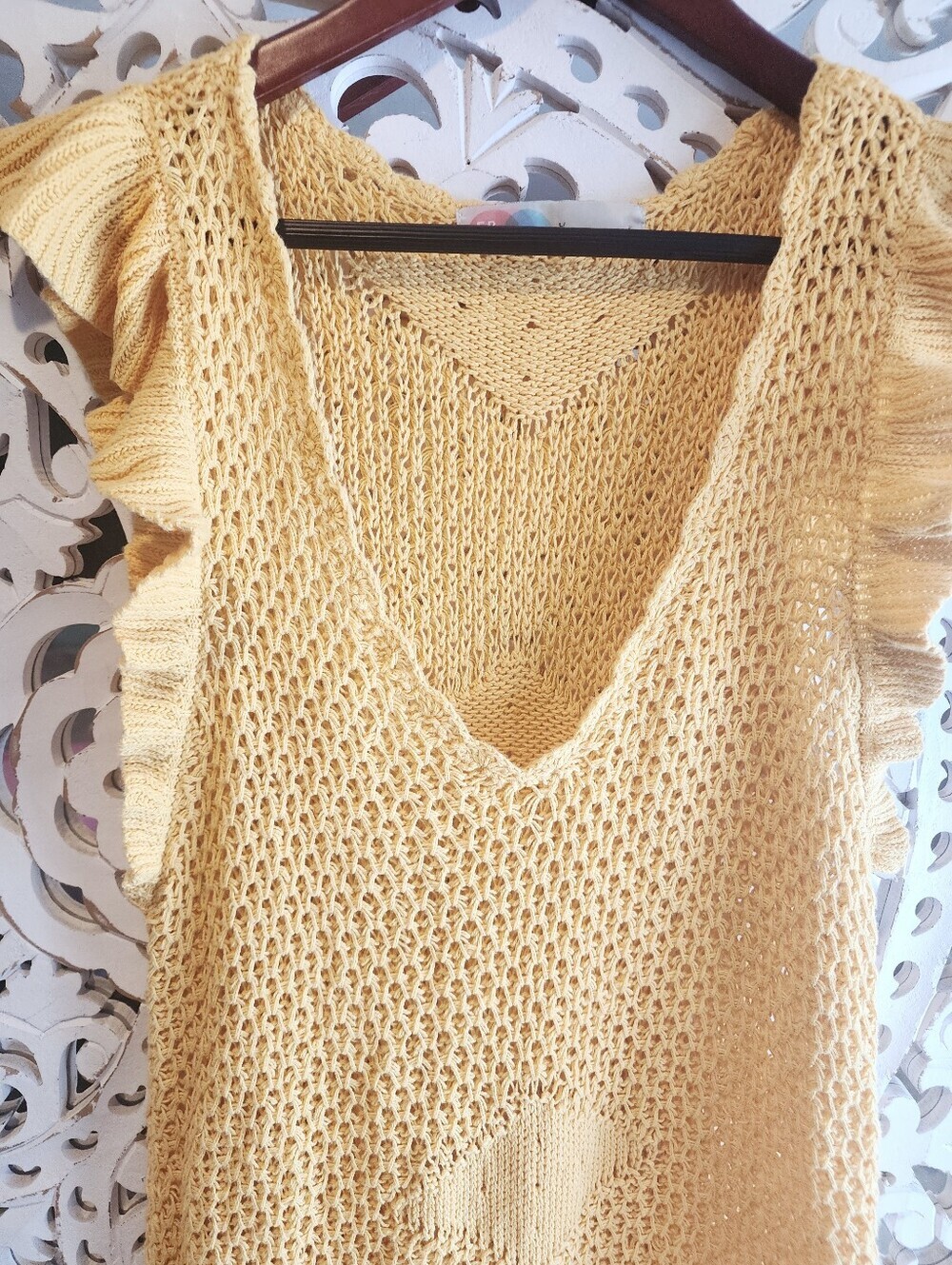 FREE PEOPLE MYKONOS MINI KNITTED CROCHET YELLOW COVER-UP SIZE LARGE - Picture 11 of 16